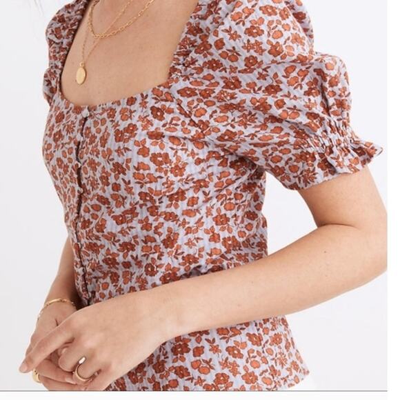 Madewell Button-Front Smocked Back Top - Size 8 - Picture 4 of 12